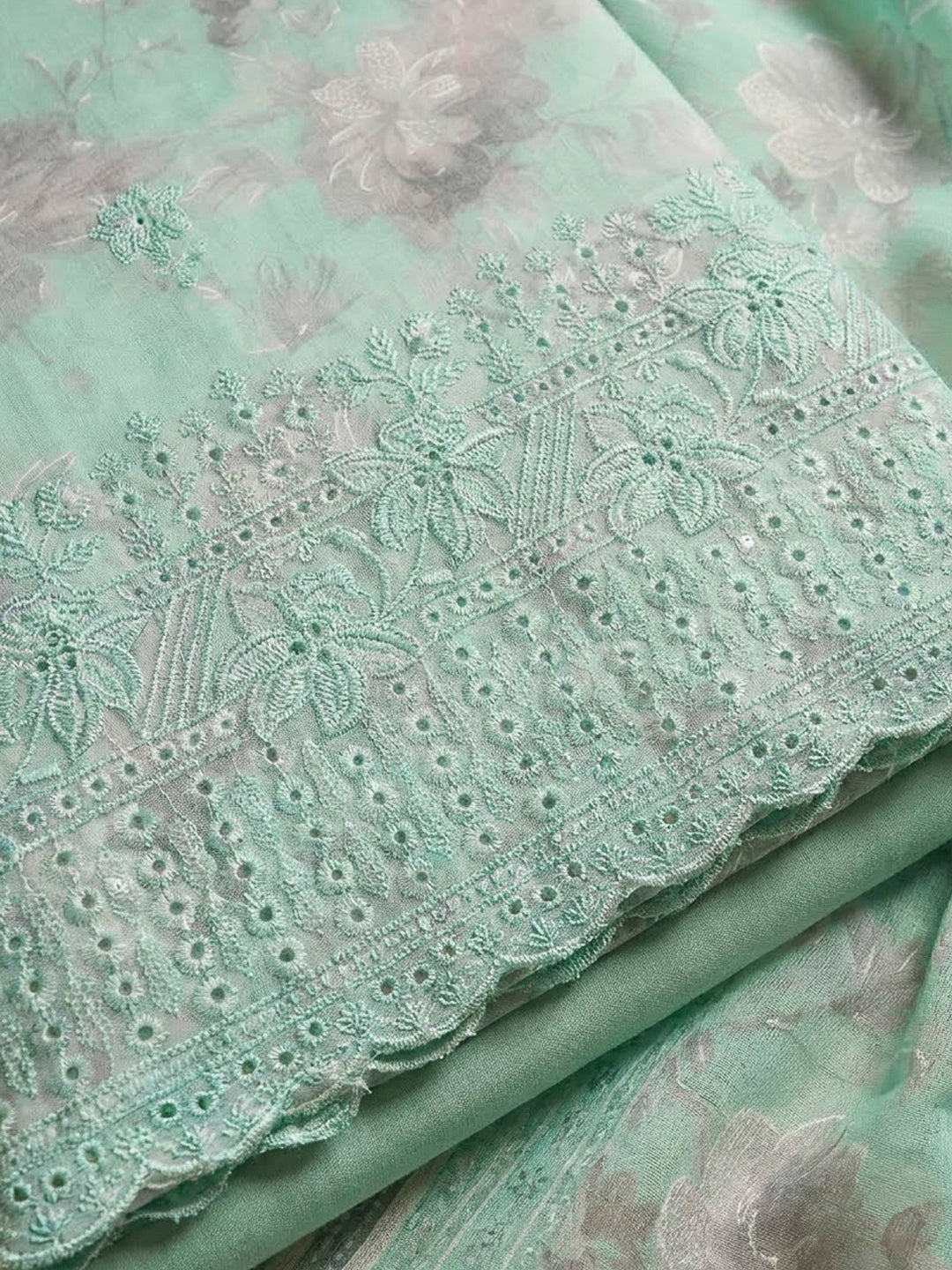 Sea Green Cotton Blend Printed Unstitched Dress Material