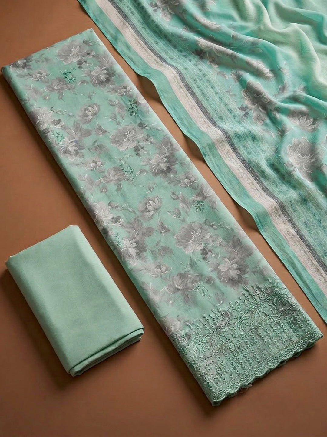 Sea Green Cotton Blend Printed Unstitched Dress Material