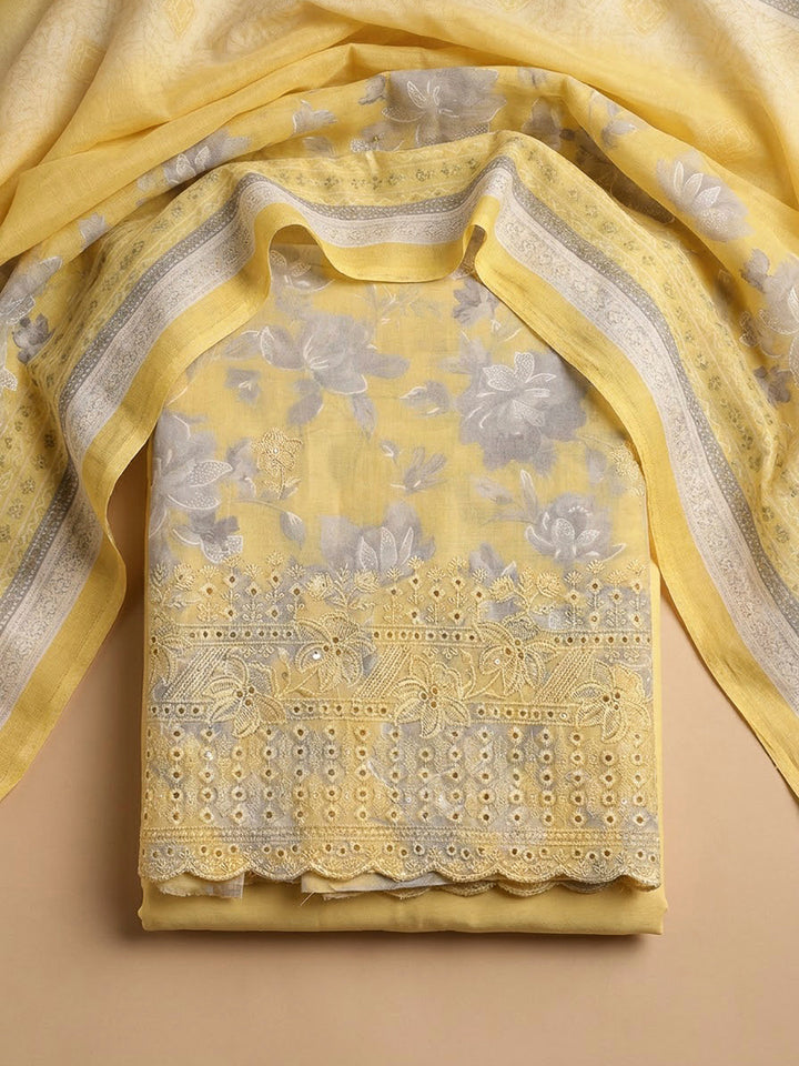 Yellow Cotton Blend Printed Unstitched Dress Material