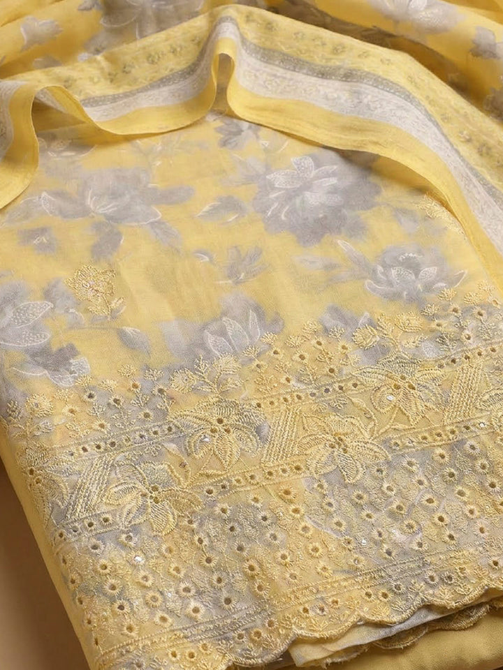 Yellow Cotton Blend Printed Unstitched Dress Material