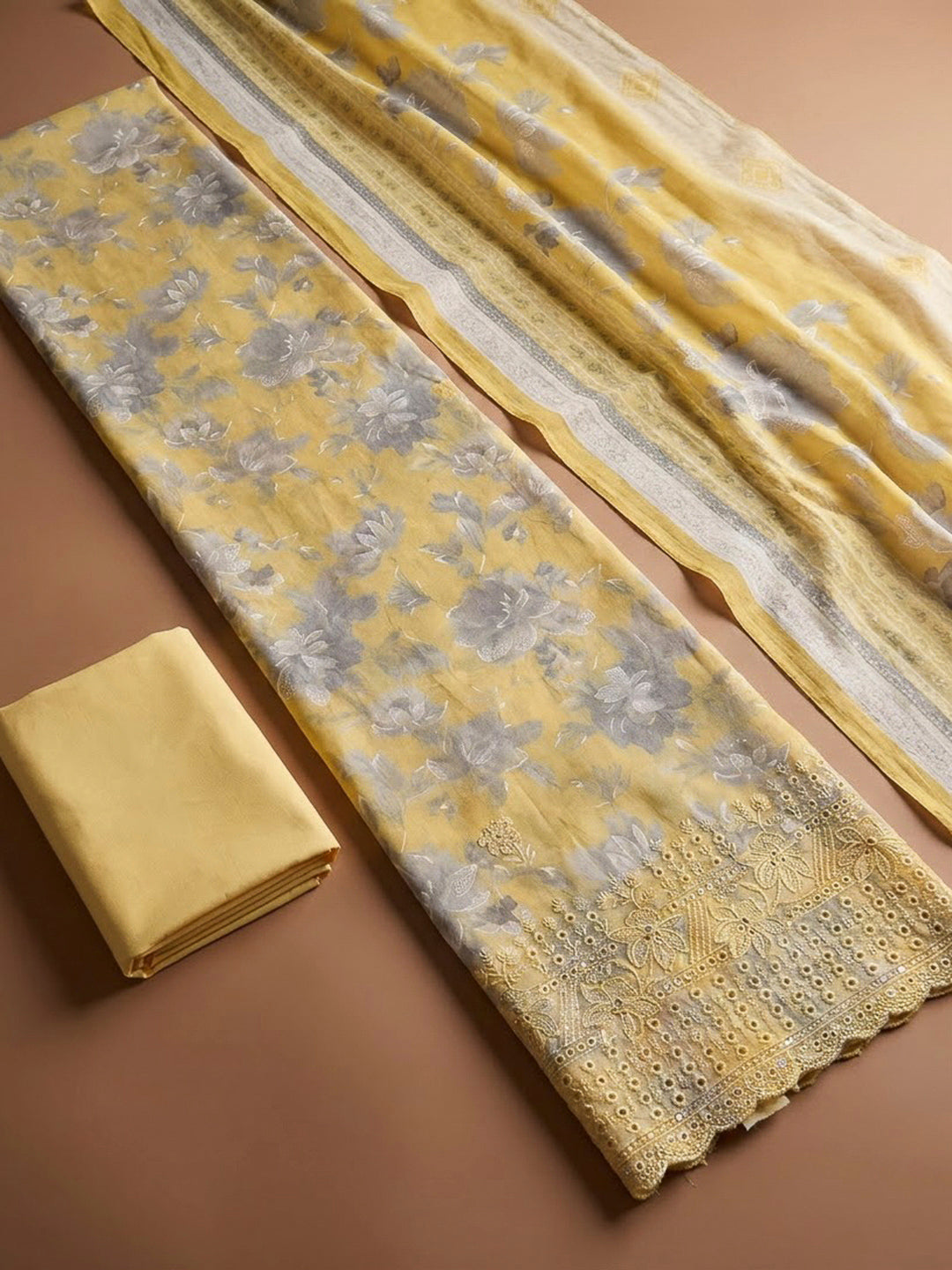 Yellow Cotton Blend Printed Unstitched Dress Material