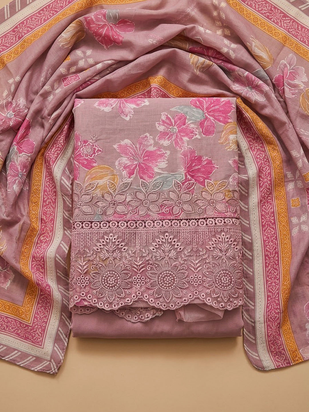 Onion Pink Cotton Blend Printed Unstitched Dress Material