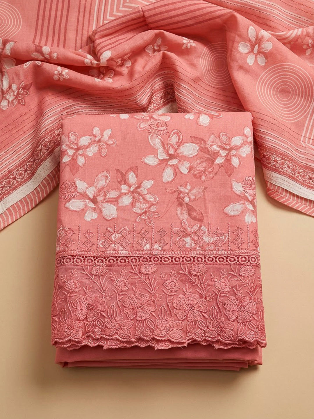 Peach Cotton Blend Printed Unstitched Dress Material