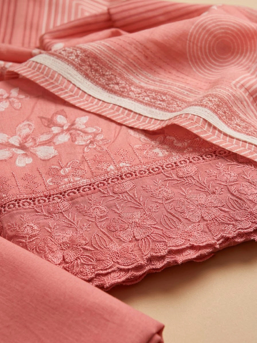 Peach Cotton Blend Printed Unstitched Dress Material