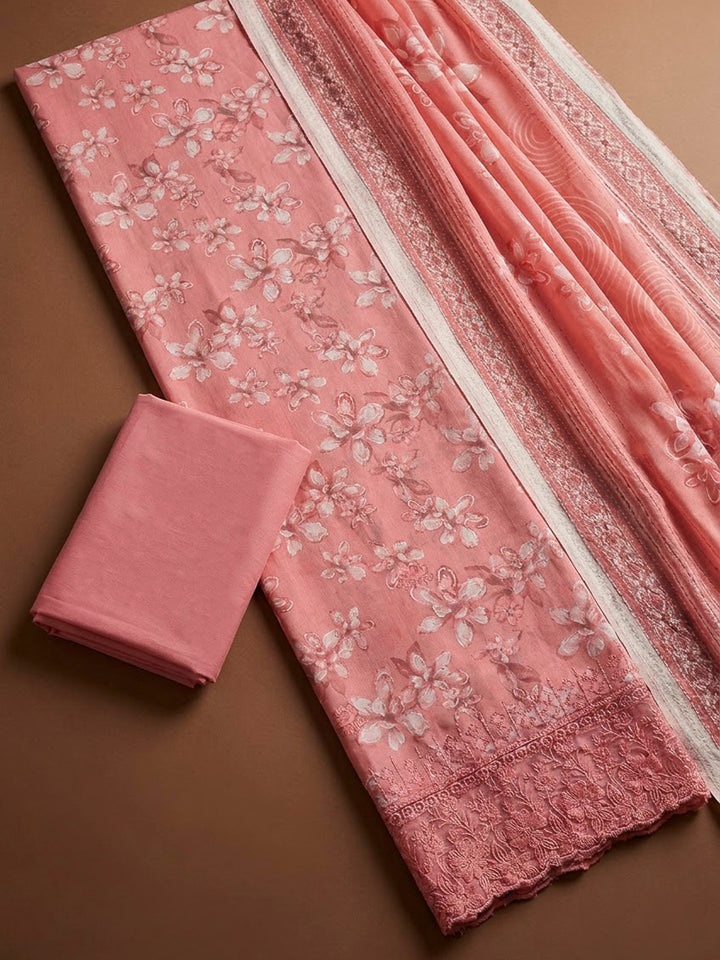 Peach Cotton Blend Printed Unstitched Dress Material