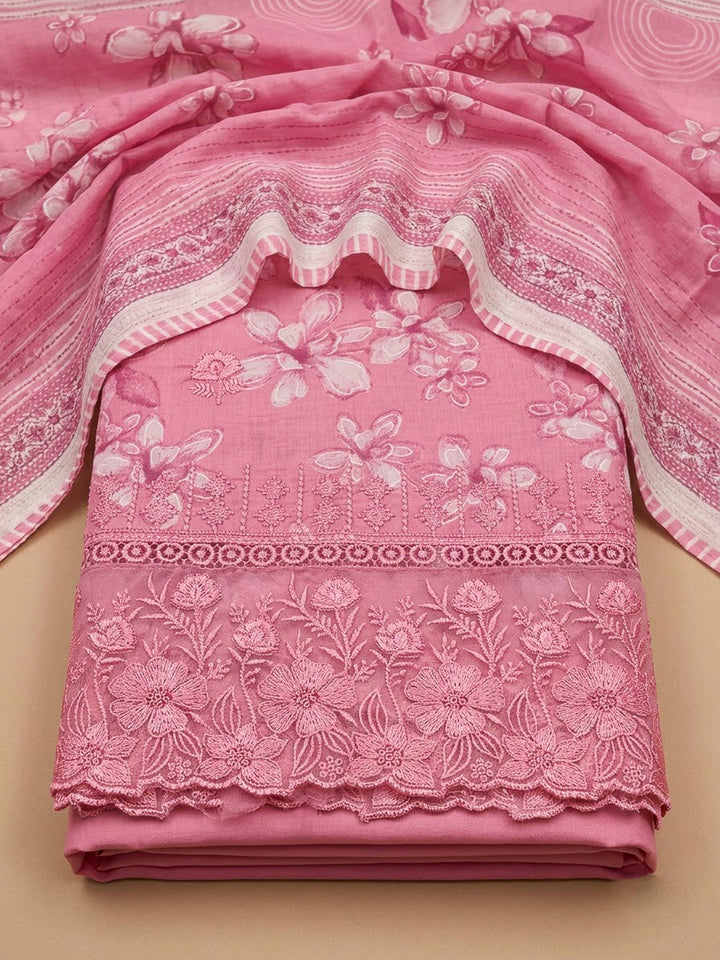 Pink Cotton Blend Printed Unstitched Dress Material