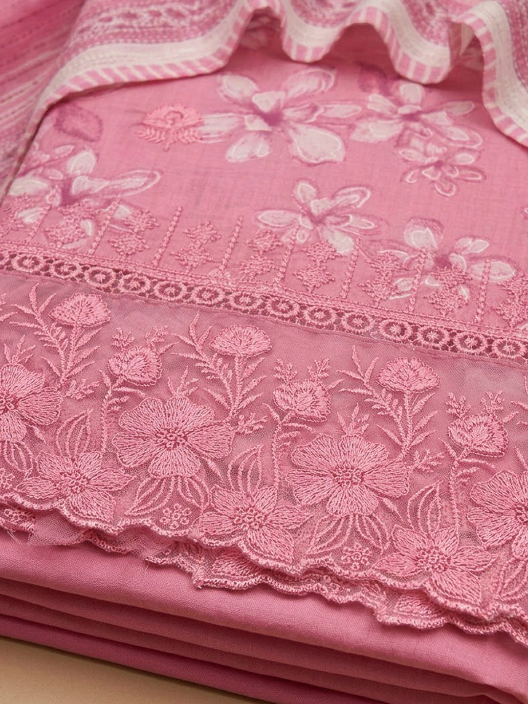 Pink Cotton Blend Printed Unstitched Dress Material