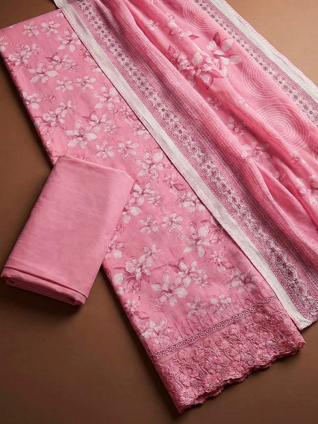 Pink Cotton Blend Printed Unstitched Dress Material