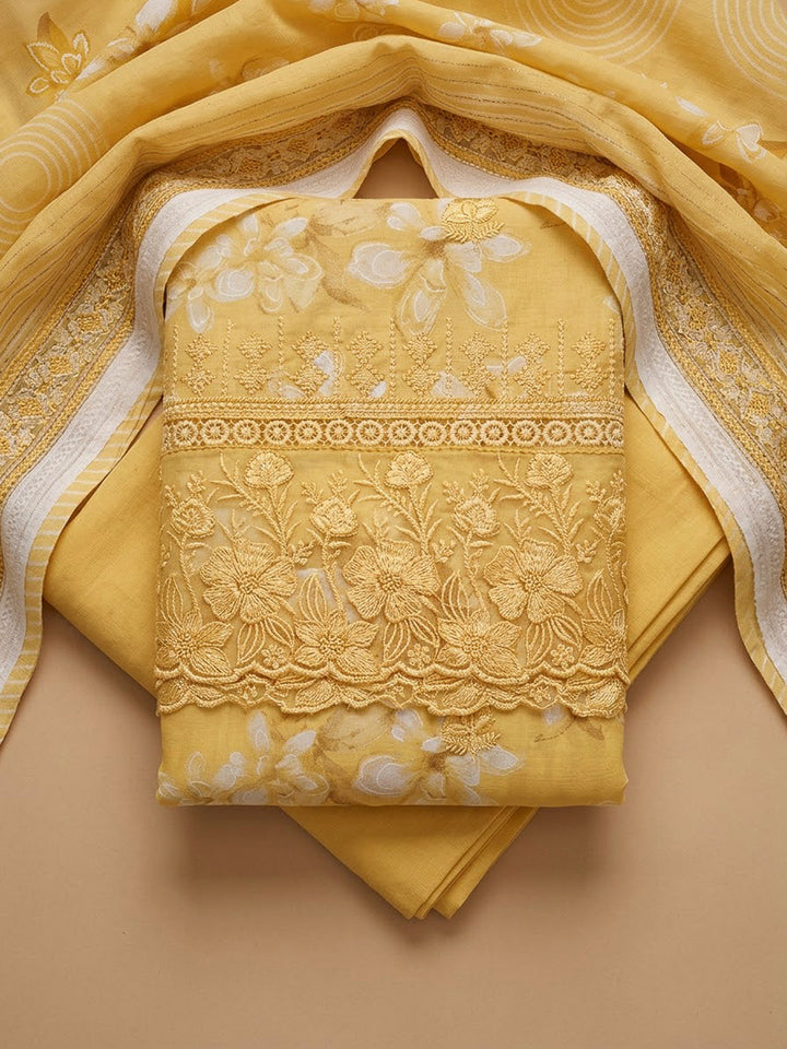 Yellow Cotton Blend Printed Unstitched Dress Material