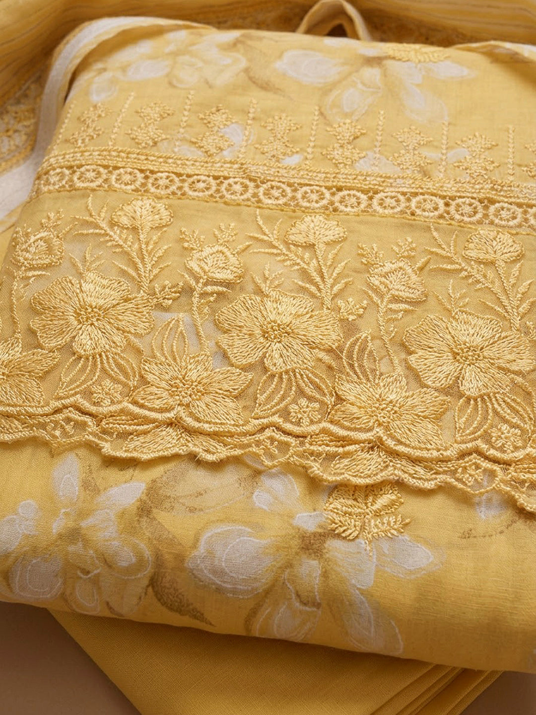Yellow Cotton Blend Printed Unstitched Dress Material