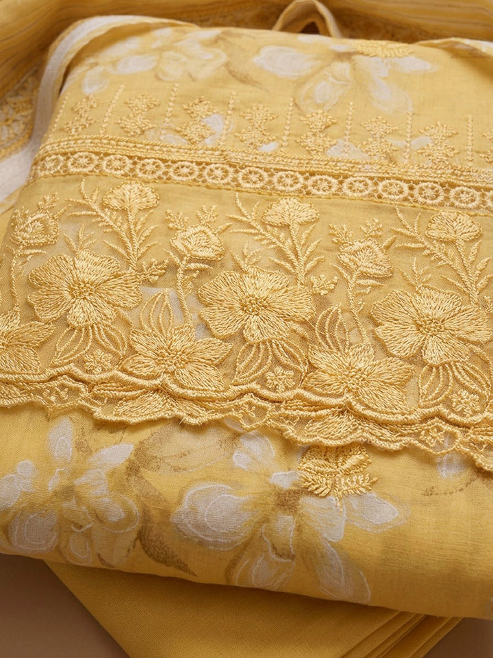 Yellow Cotton Blend Printed Unstitched Dress Material