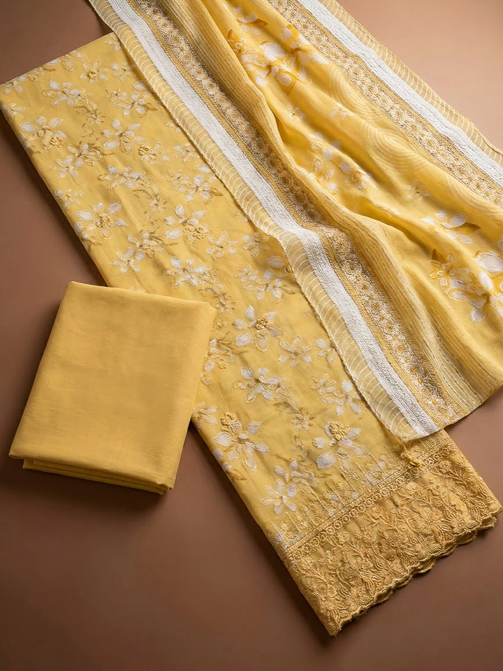 Yellow Cotton Blend Printed Unstitched Dress Material