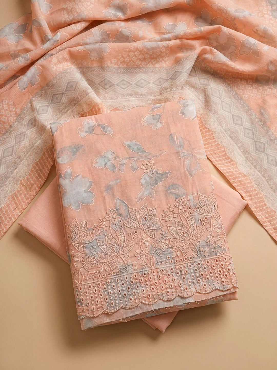 Peach Cotton Blend Printed Unstitched Dress Material