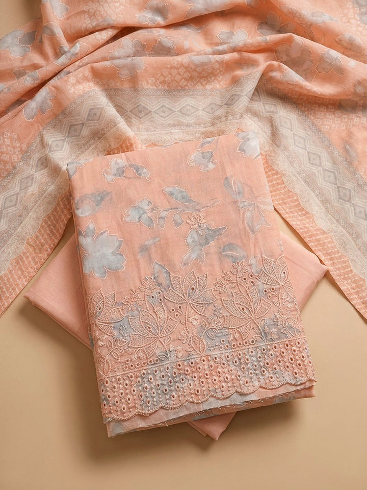 Peach Cotton Blend Printed Unstitched Dress Material