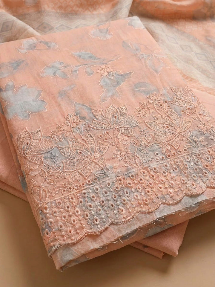Peach Cotton Blend Printed Unstitched Dress Material