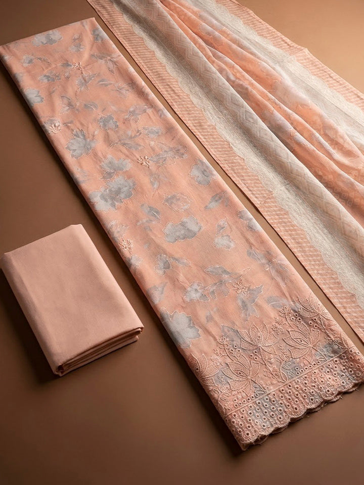 Peach Cotton Blend Printed Unstitched Dress Material