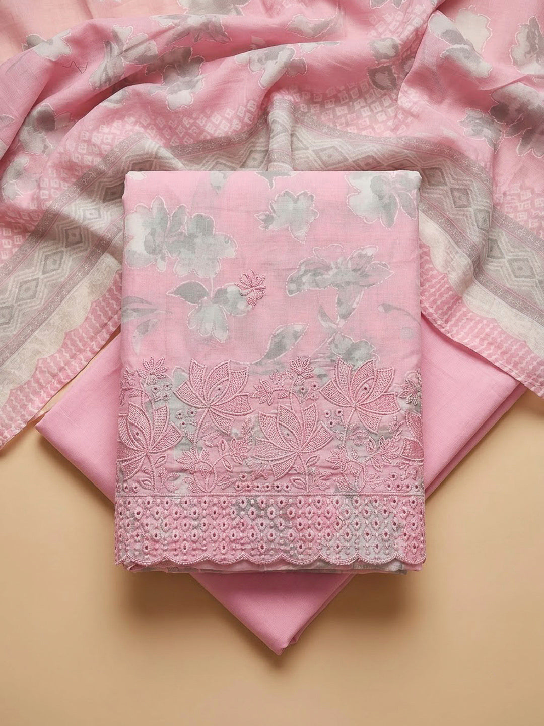 Pink Cotton Blend Printed Unstitched Dress Material