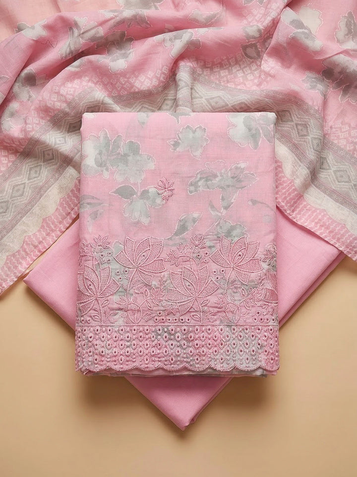 Pink Cotton Blend Printed Unstitched Dress Material