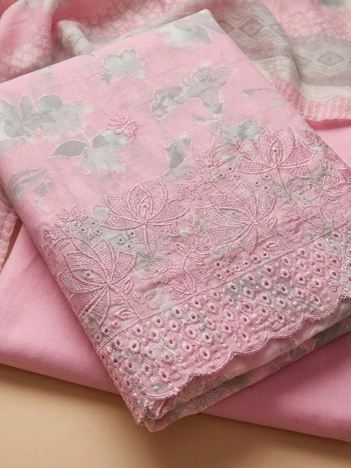 Pink Cotton Blend Printed Unstitched Dress Material