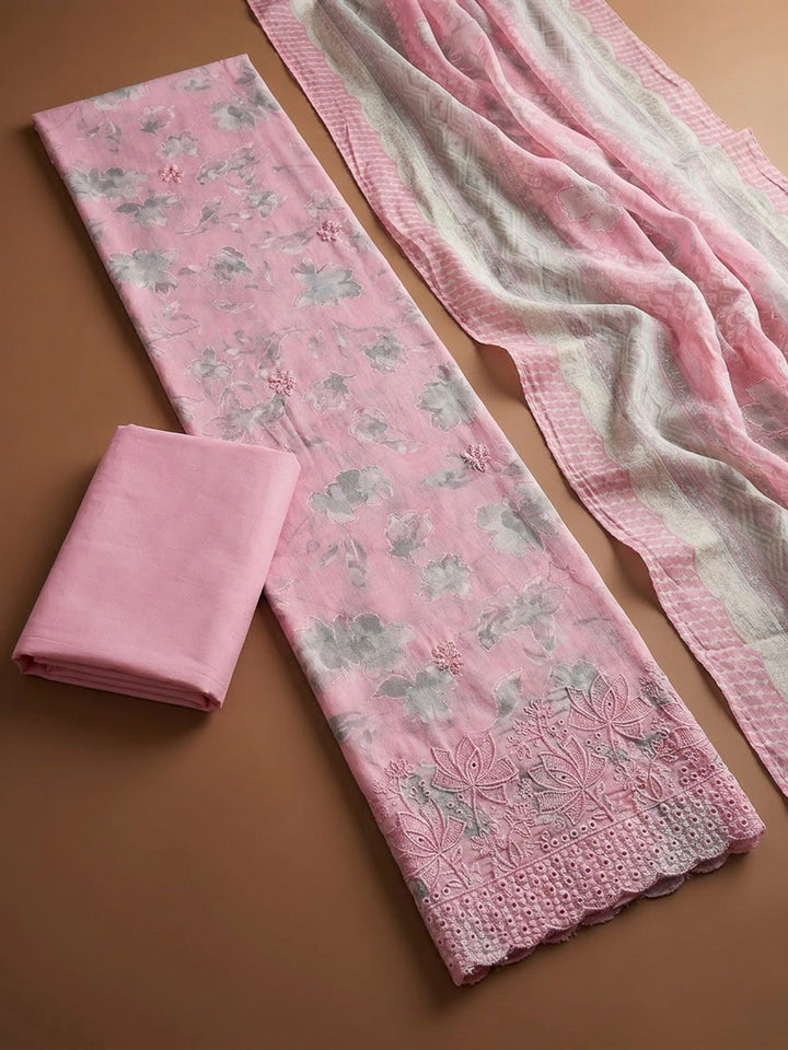 Pink Cotton Blend Printed Unstitched Dress Material