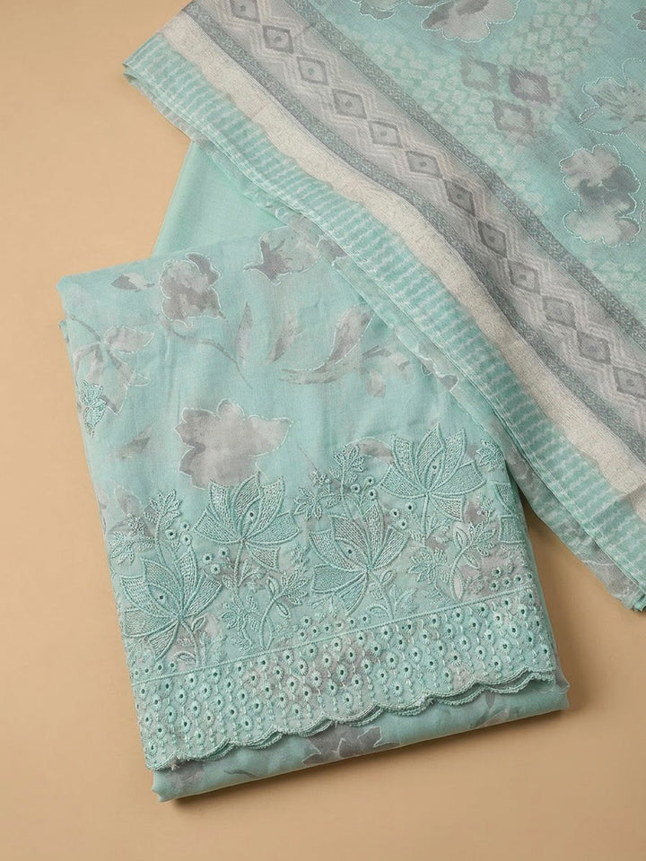 Sea Green Cotton Blend Printed Unstitched Dress Material