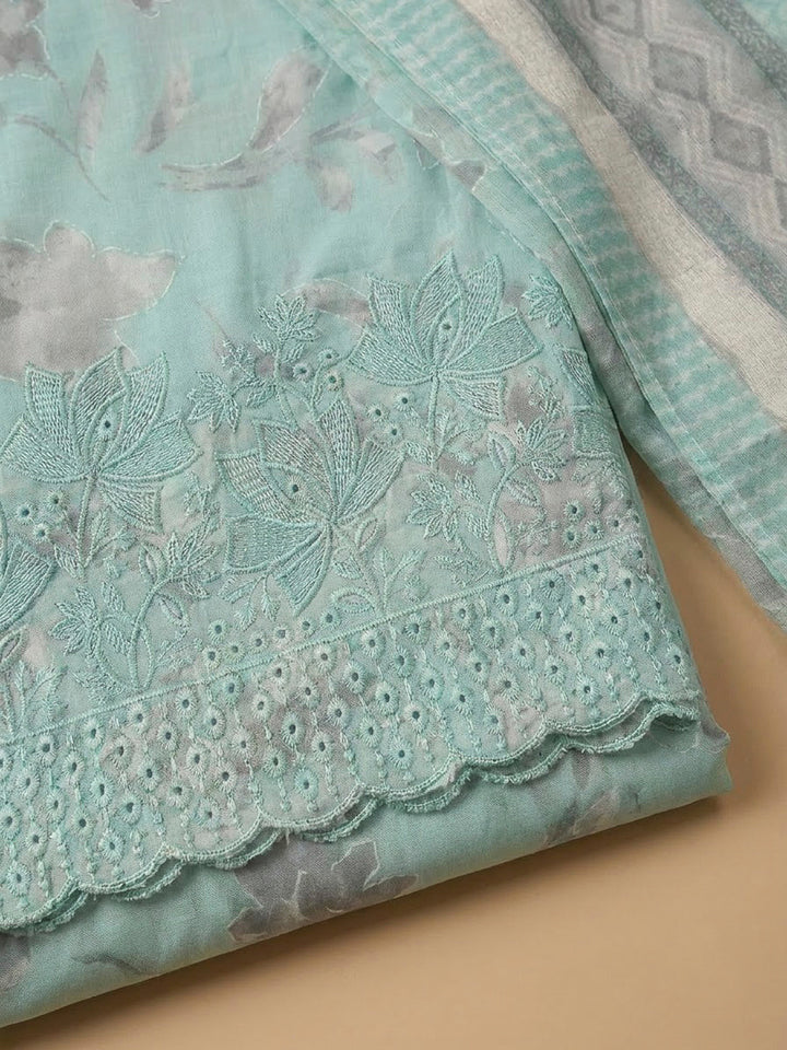 Sea Green Cotton Blend Printed Unstitched Dress Material