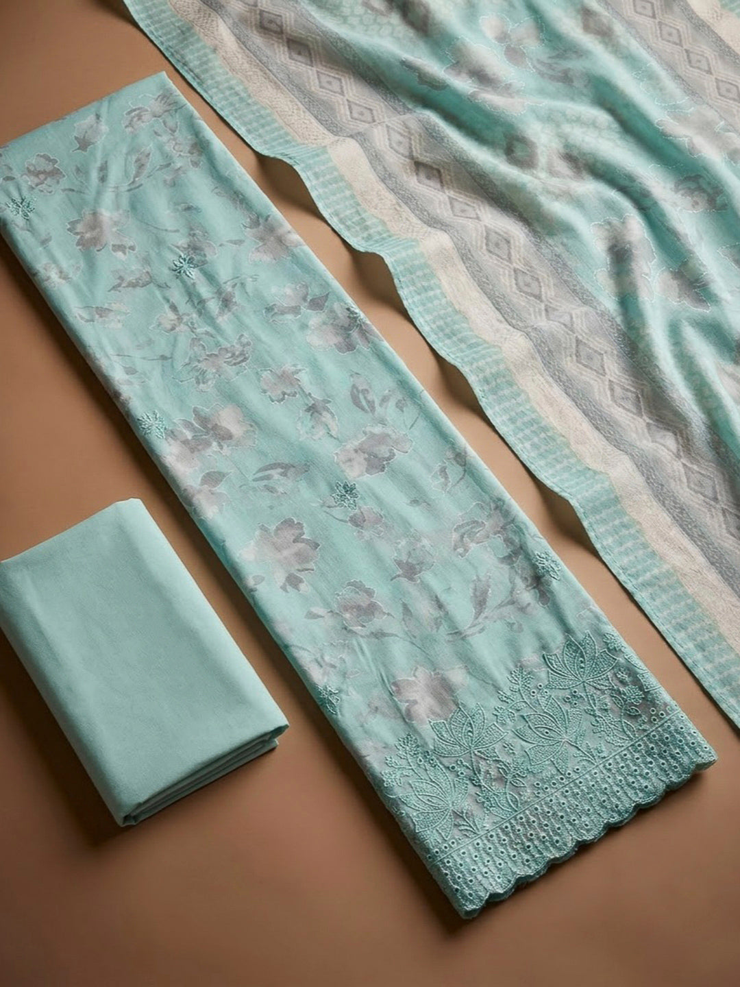 Sea Green Cotton Blend Printed Unstitched Dress Material