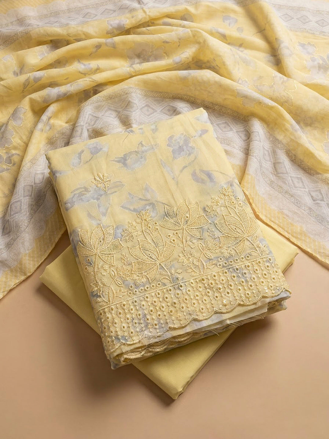 Yellow Cotton Blend Printed Unstitched Dress Material