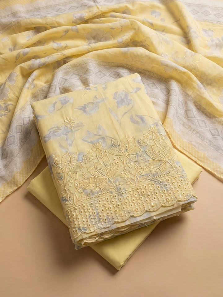 Yellow Cotton Blend Printed Unstitched Dress Material
