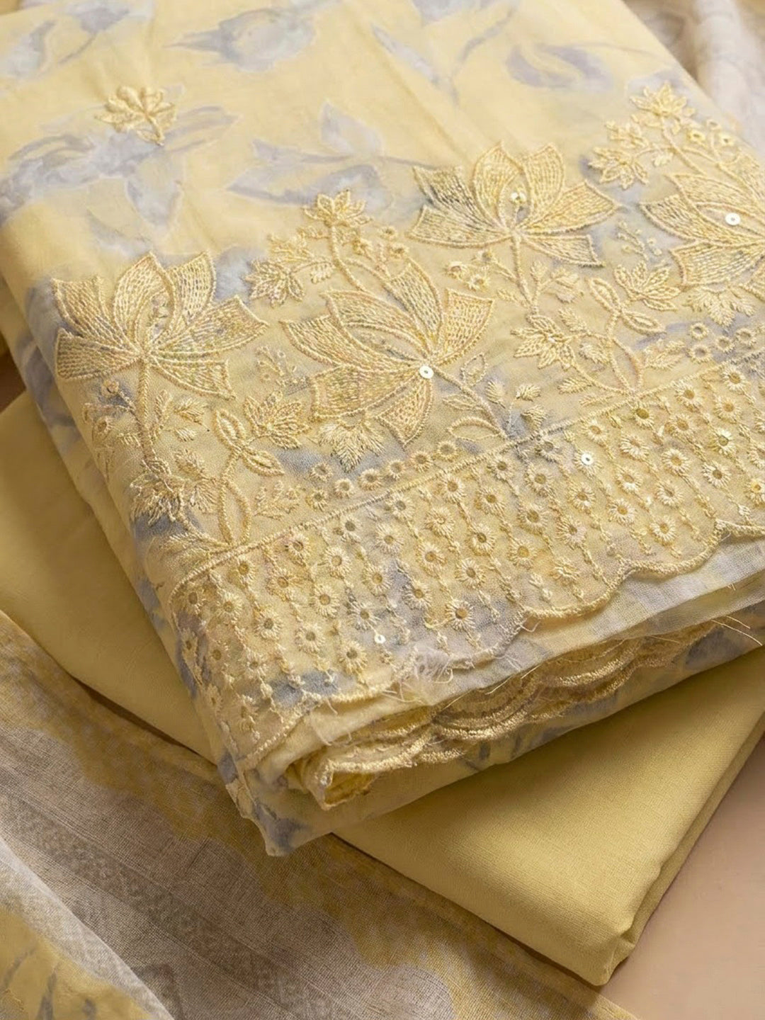 Yellow Cotton Blend Printed Unstitched Dress Material