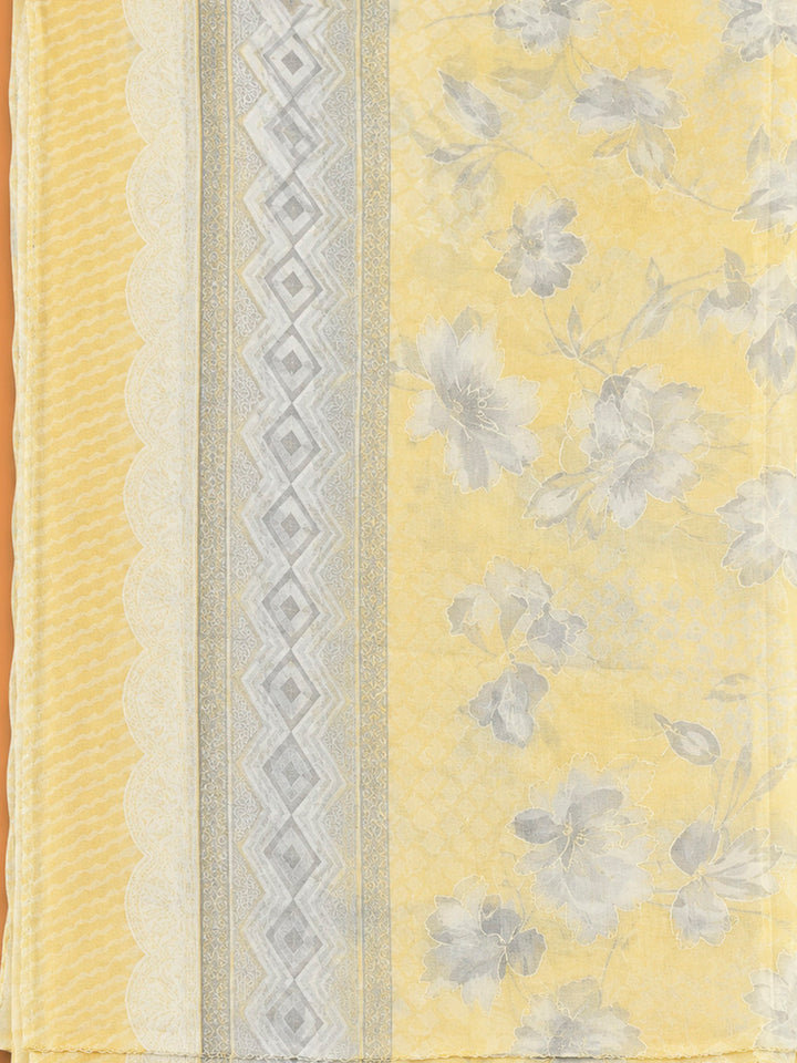 Yellow Cotton Blend Printed Unstitched Dress Material