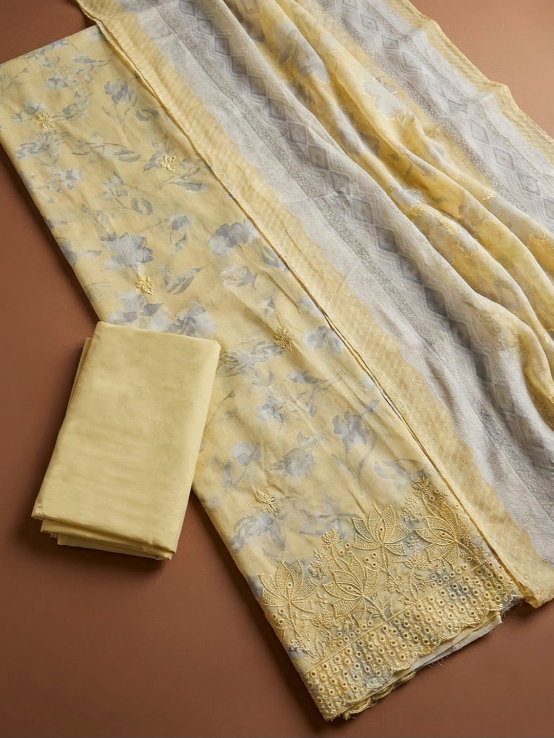 Yellow Cotton Blend Printed Unstitched Dress Material