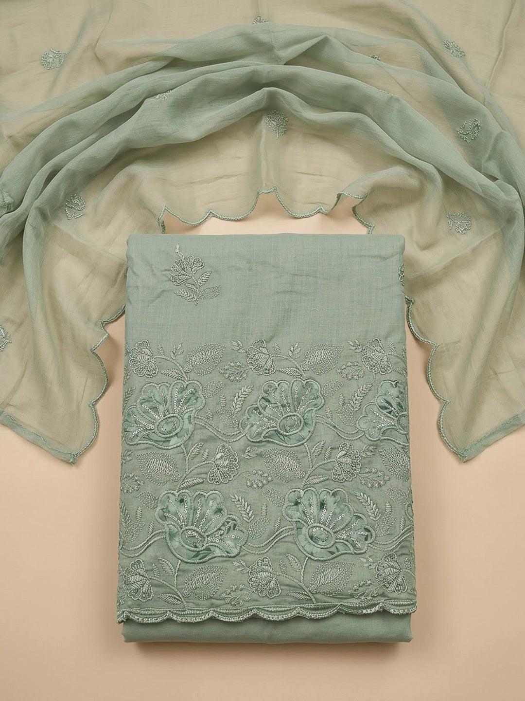 Aqua Green Cotton Blend Embroidered Unstitched Dress Material