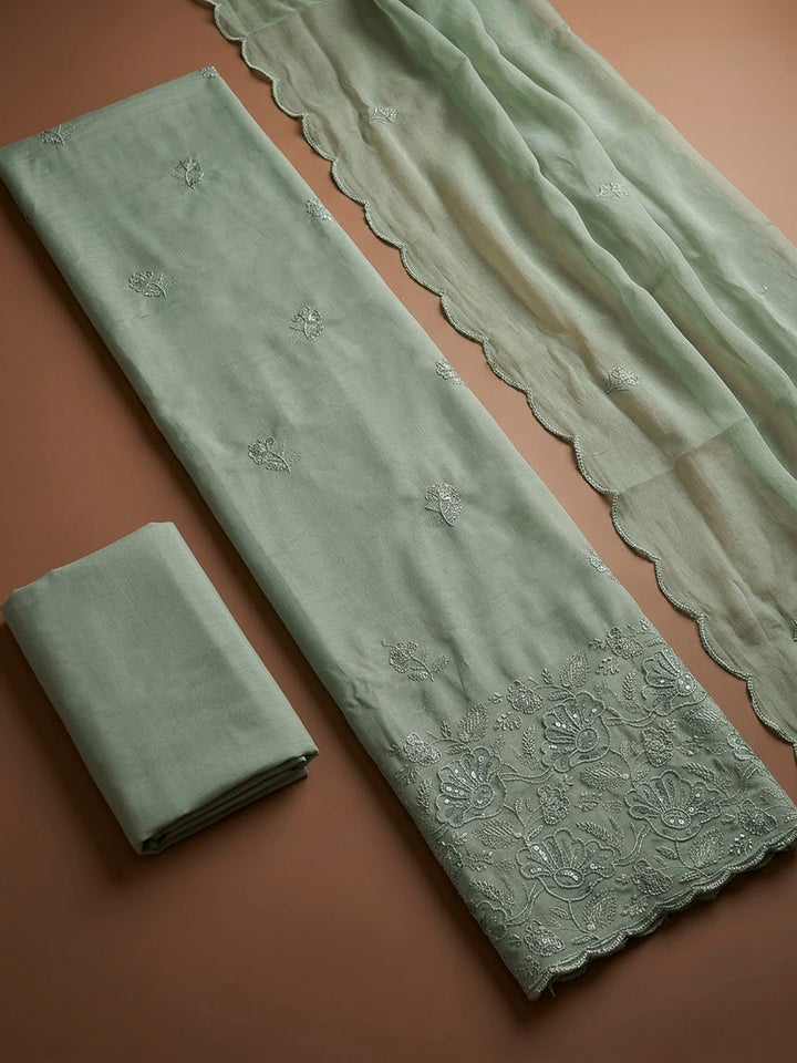 Aqua Green Cotton Blend Embroidered Unstitched Dress Material