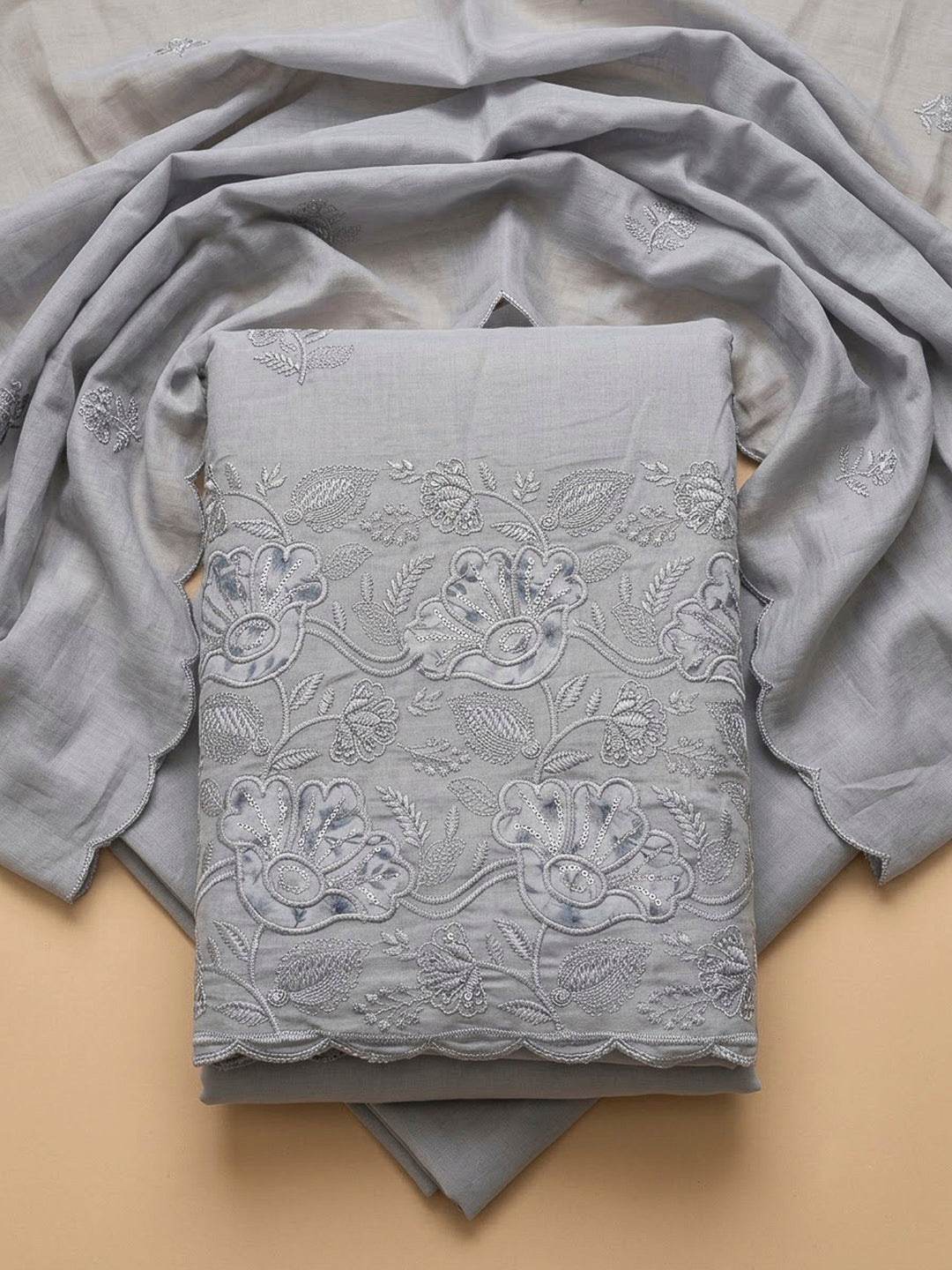 Grey Cotton Blend Embroidered Unstitched Dress Material