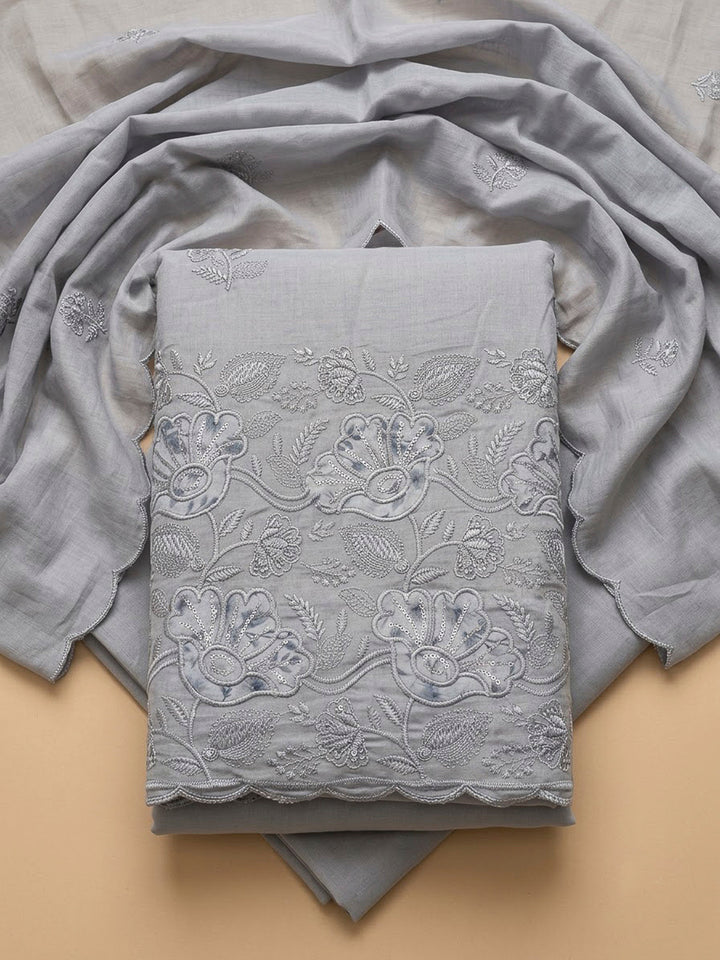 Grey Cotton Blend Embroidered Unstitched Dress Material