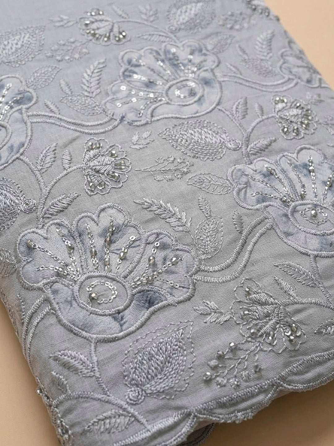 Grey Cotton Blend Embroidered Unstitched Dress Material