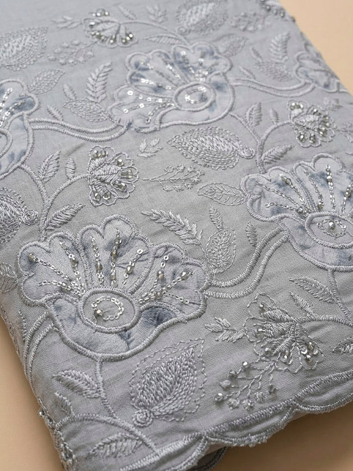 Grey Cotton Blend Embroidered Unstitched Dress Material