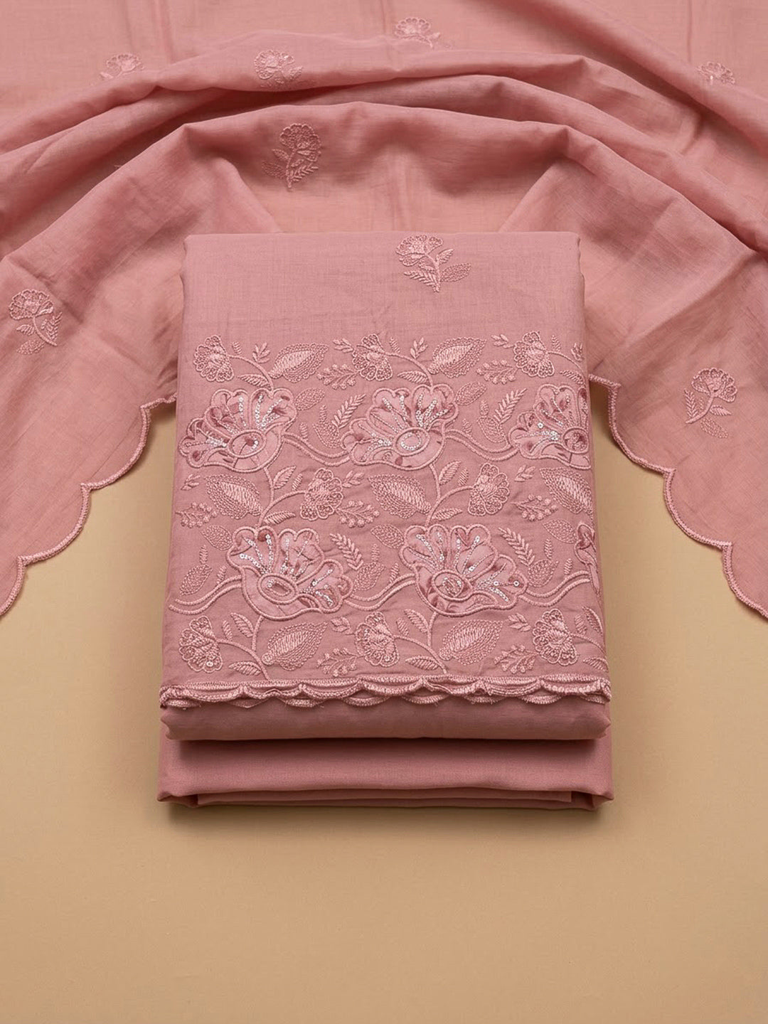 Pink Cotton Blend Embroidered Unstitched Dress Material