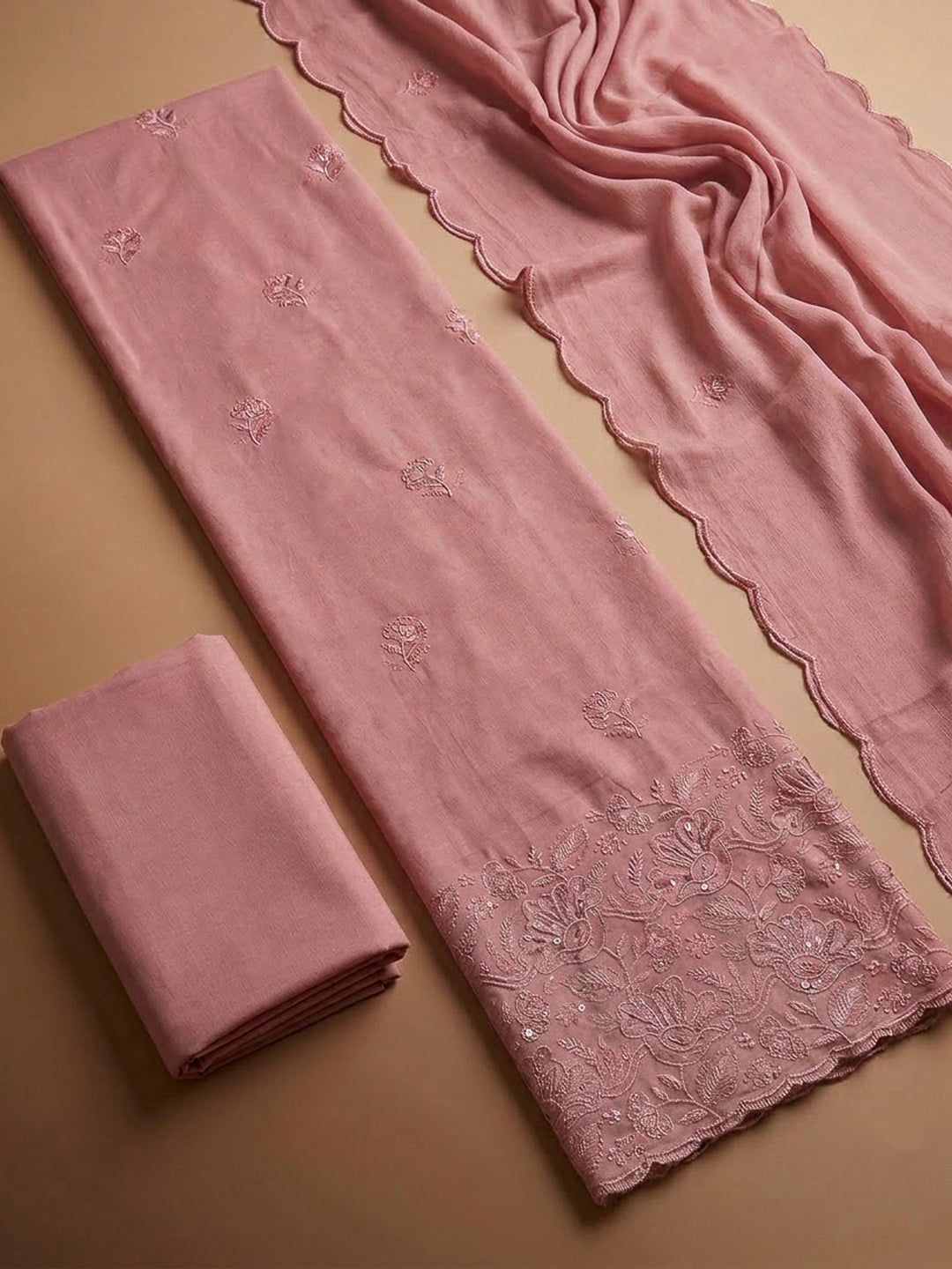 Pink Cotton Blend Embroidered Unstitched Dress Material