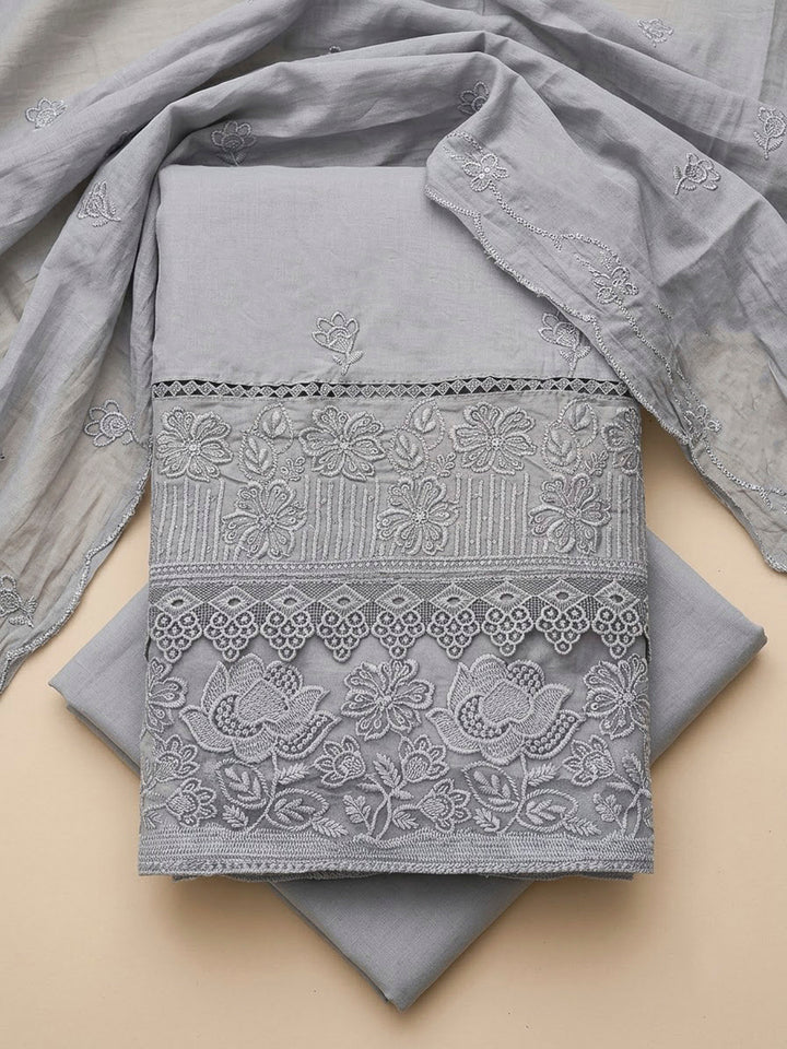 Grey Cotton Blend Embroidered Unstitched Dress Material