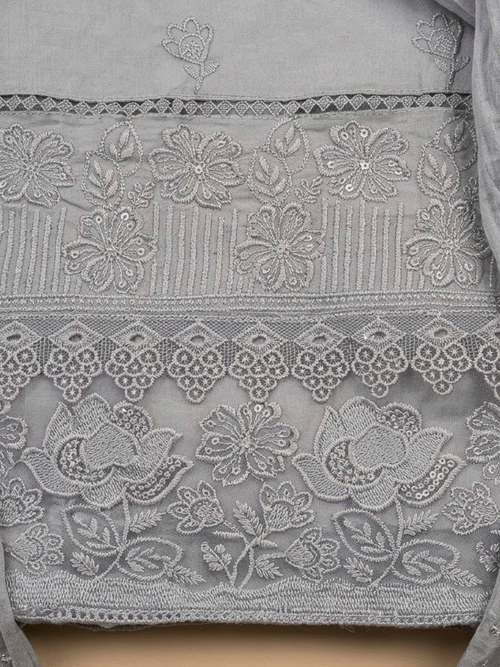 Grey Cotton Blend Embroidered Unstitched Dress Material