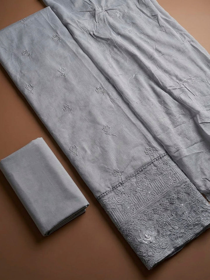 Grey Cotton Blend Embroidered Unstitched Dress Material