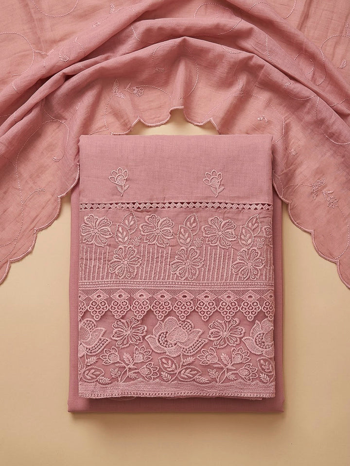 Peach Cotton Blend Embroidered Unstitched Dress Material
