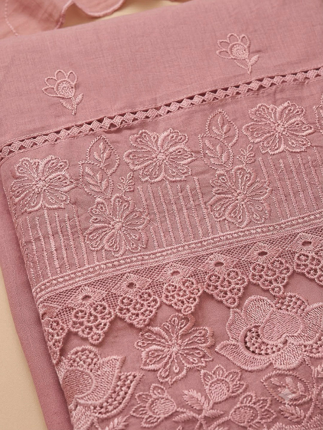 Peach Cotton Blend Embroidered Unstitched Dress Material