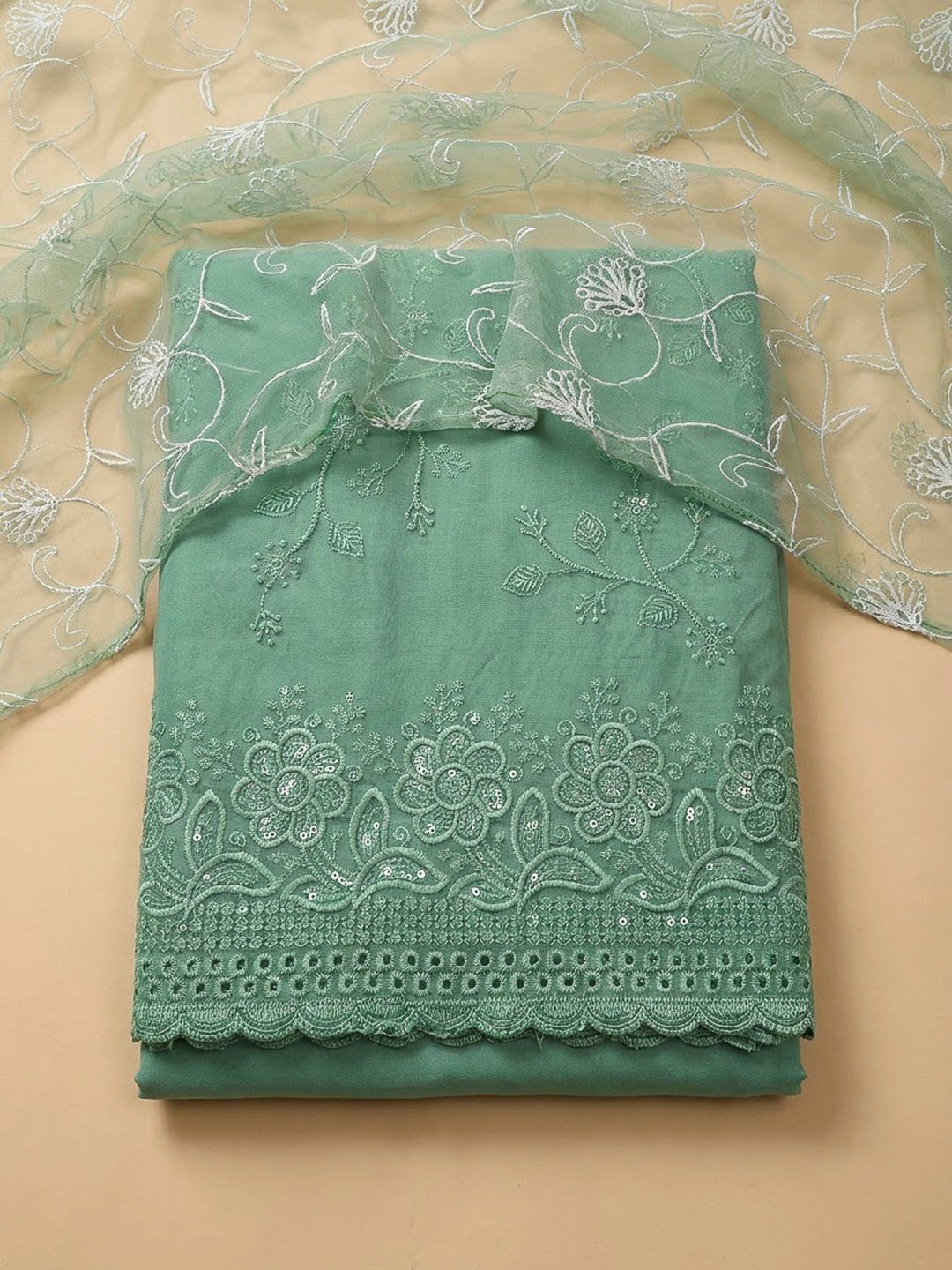 Aqua Green Chanderi Embroidered Unstitched Dress Material