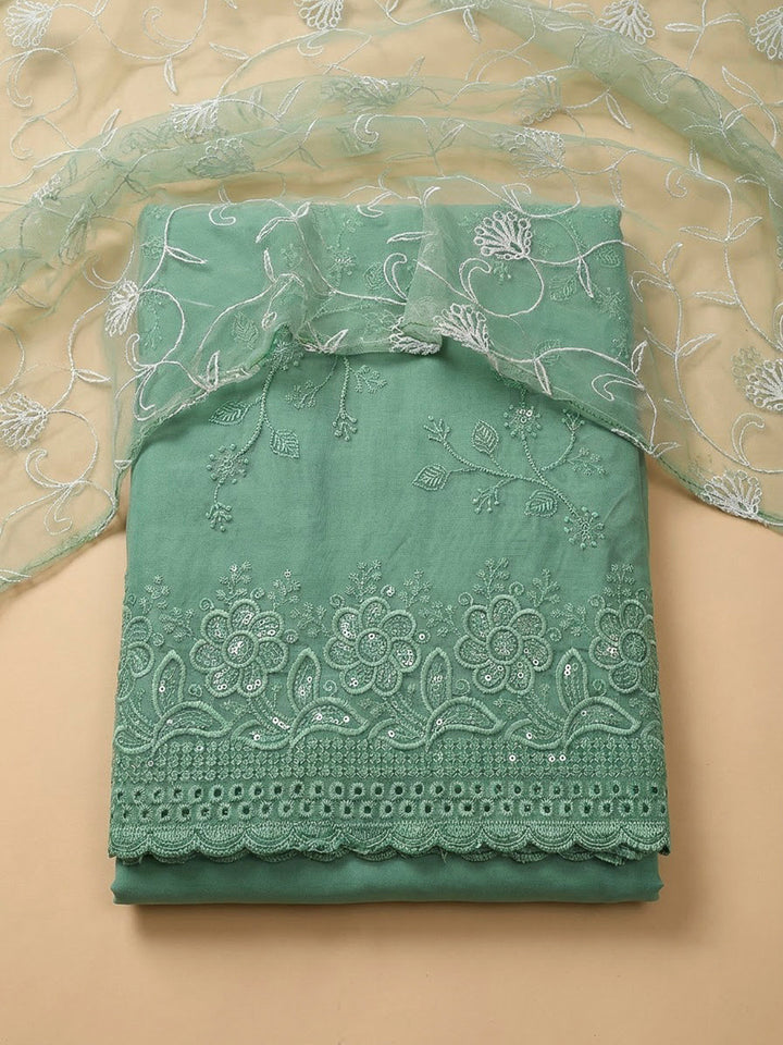 Aqua Green Chanderi Embroidered Unstitched Dress Material