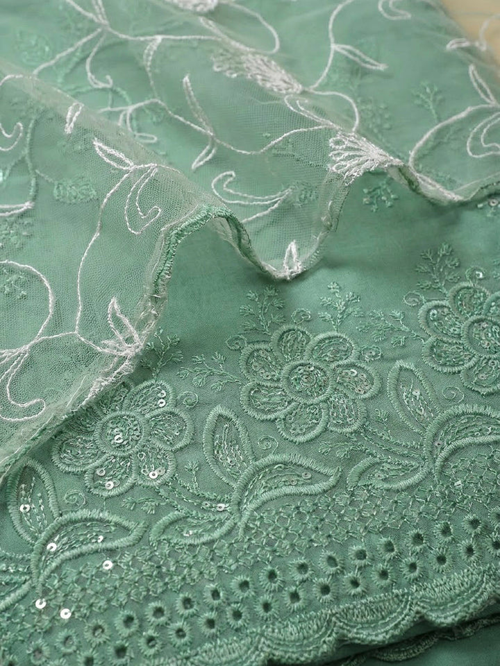Aqua Green Chanderi Embroidered Unstitched Dress Material