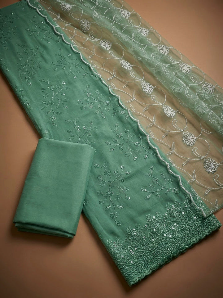 Aqua Green Chanderi Embroidered Unstitched Dress Material
