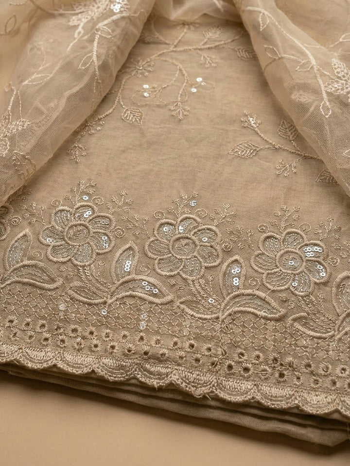 Beige Chanderi Embroidered Unstitched Dress Material